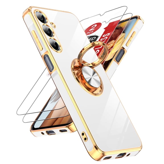 LeYi For Samsung Galaxy A16 5G Phone Case:2pcs Tempered Glass Screen Protector and 360° Rotatable Ring Mount Magnetic Stand,Rose Gold Plated Edge Protector Samsung A16 5G Phone Case, White