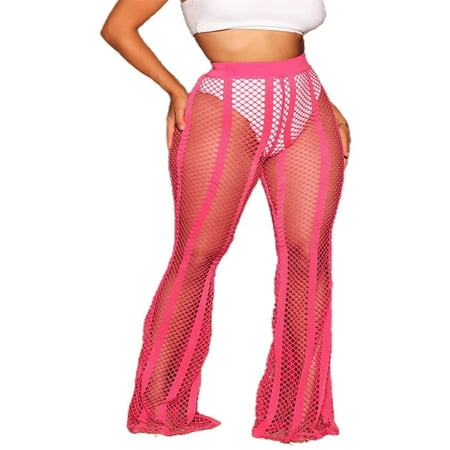 FNNMNNR Women Hollow Out Mesh Swim Pants Beach Cover Up Pants See Through High Waist Bikini Swimsuit Pants Pink XL