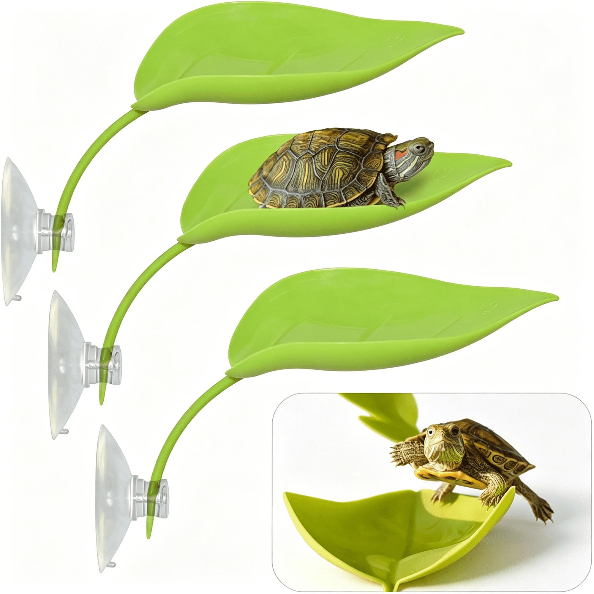 ACDANC Turtle Basking Platform, 3PCS Tree Frog Tank Accessories, Leaf Shape Bearded Dragon Basking Platform with Suction Cups, Leopard Gecko Tank Accessories, Turtle Tank Decor (Green)