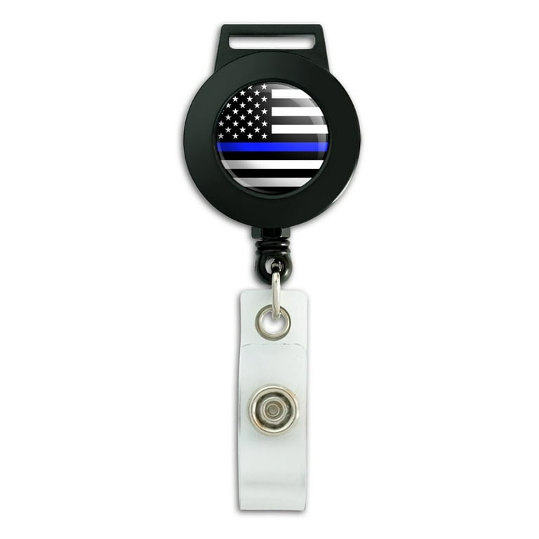 Thin Blue Line American Flag Lanyard Retractable Reel Badge ID Card Holder  