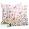 thumbnail image 2 of Throw Pillow Covers 18x18 Inch Set of 2, Wildflowers Waterproof Outdoor Pillow Covers, Spring Watercolor Tulip Floral Leaf Pink Plaid Decorative Cushion Pillowcases for Couch, Sofa, Bed, Patio, 2 of 9