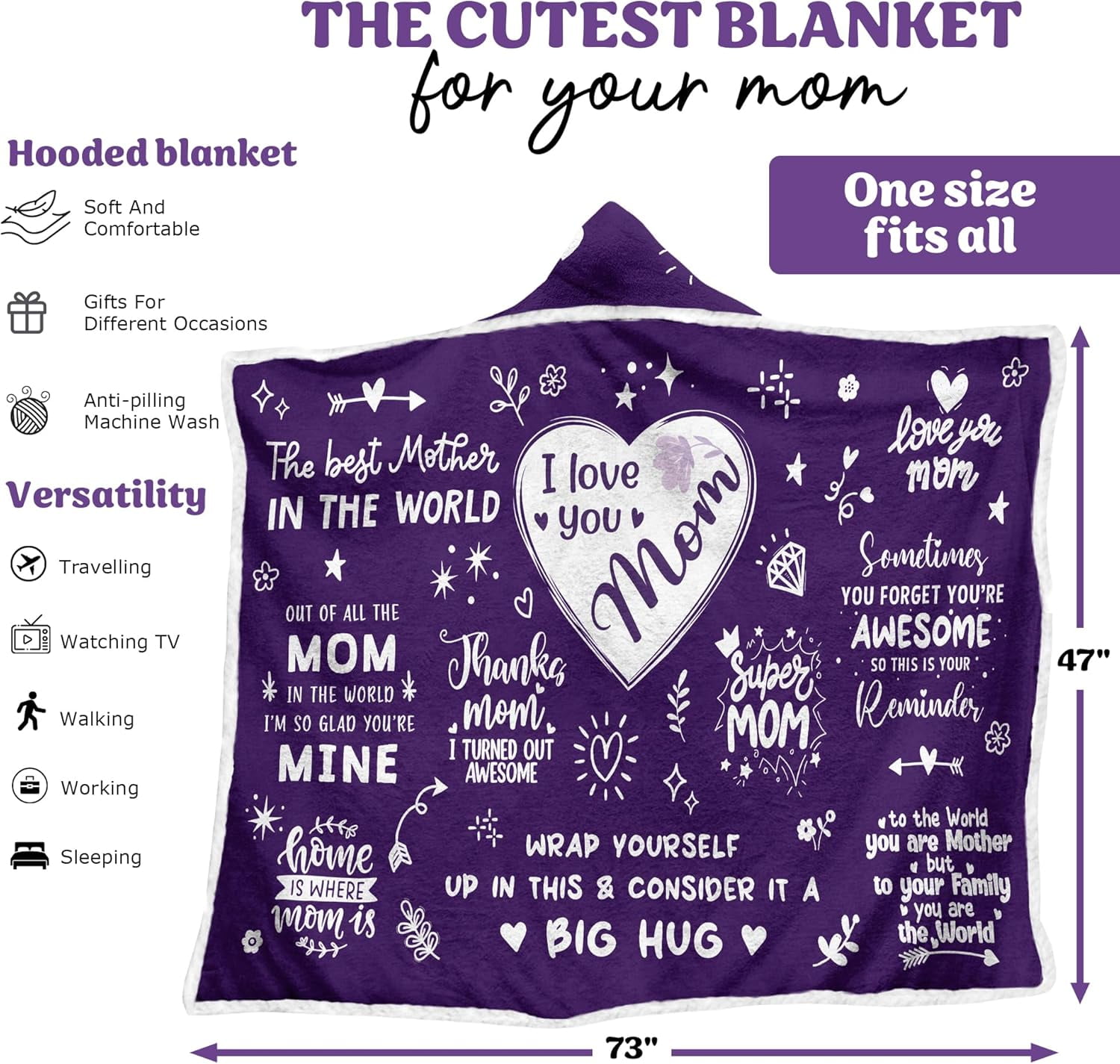 Mothers Day Gifts Love Mom Sherpa Fleece Wearable Hooded Blanket from Daughter Son, I love You Mom, Big Hug Blanket for Mom Birthday Gifts, Inspirational Gifts for Women (Purple)