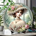 thumbnail image 6 of HELLOYOUNG Victorian Lady Metal Wall Art Round Vintage British Monarch Era Portrait with Lace Collar Parasol Pink Roses Green Foliage Home Decor, 6 of 11