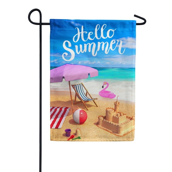 America Forever Hello Summer Tropical Beach Garden Flag 12.5 x 18 inches Fun in the Sun Beach Ball Pink Flamingo Floater Double Sided Seasonal Yard Outdoor Decorative Nautical Garden Flag
