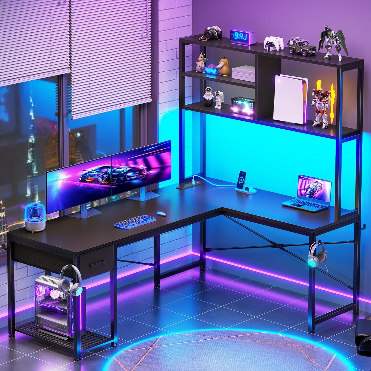 51" L Shaped Desk wtih Power Outlets and Storage, Reversible Gaming Desk with Drawer and Open Shelves, Small Computer Desk Corner Desk with LED Lights for Home Office, Bedroom, Small Space, Black