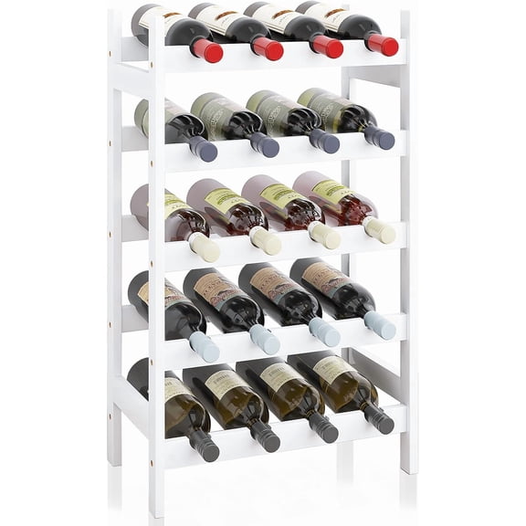 Bamboo Wine Organizer Rack, 20 Bottles Display Stand Holder, 5-Tier Free Standing Organizer Storage Shelves for Kitchen, Pantry, Cellar, Bar (White)