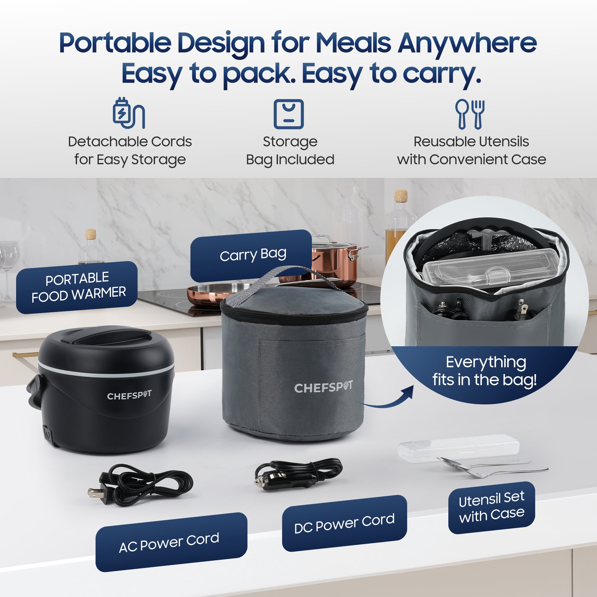 CHEFSPOT 37 oz Electric Lunch Box, 80W Portable Food Warmer with Bag and Utensils