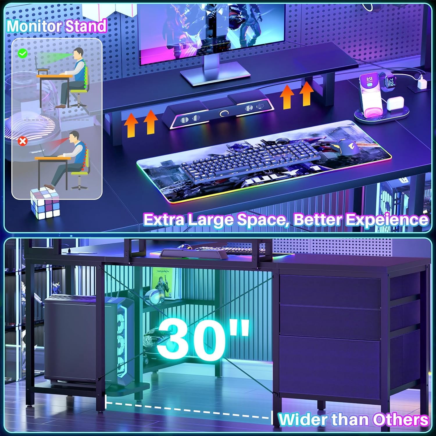 iSunirm L Shaped Gaming Desk with Storage, Computer Gaming Desk with LED Lights & Hutch, Reversible Computer Desk with Power Outlet, Corner Desk with Drawers, Shelves for Home, Black