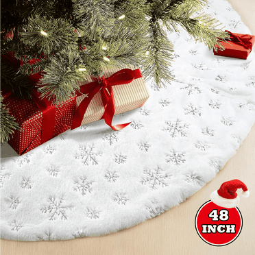 GKcity 48 Inch Faux Fur Christmas Tree Skirt, Snowflakes White Plush Skirt for Merry Christmas Party Christmas Tree Decoration