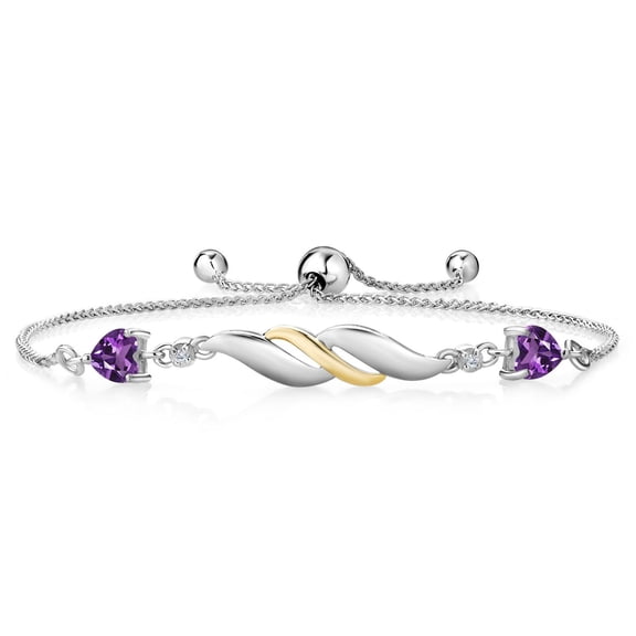 925 Sterling Silver and 10K Yellow Gold Purple Amethyst and White Lab Grown Diamond Tennis Bracelet for Women (0.86 Cttw, Gemstone Birthstone, Heart Shape 5MM, Fully Adjustable up to 9 inch)