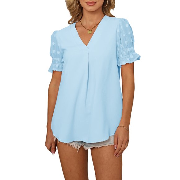 Sunloudy, camisas de gasa salvaje a la moda para mujer, blusas sueltas informales de verano de manga corta con lunares suizos de Color sólido Sunloudy S M L XL XXL