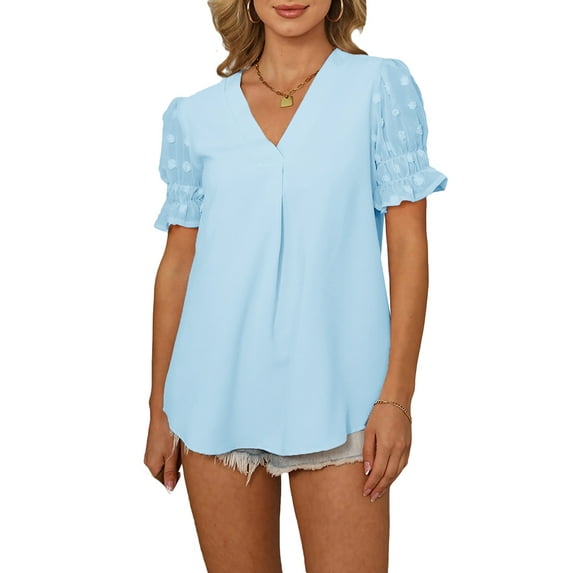 Womens Summer Casual Loose Tops Puff Sleeve V-Neck Business Shirts Solid Swiss Dot Flowy Blouse Chiffon T-Shirt