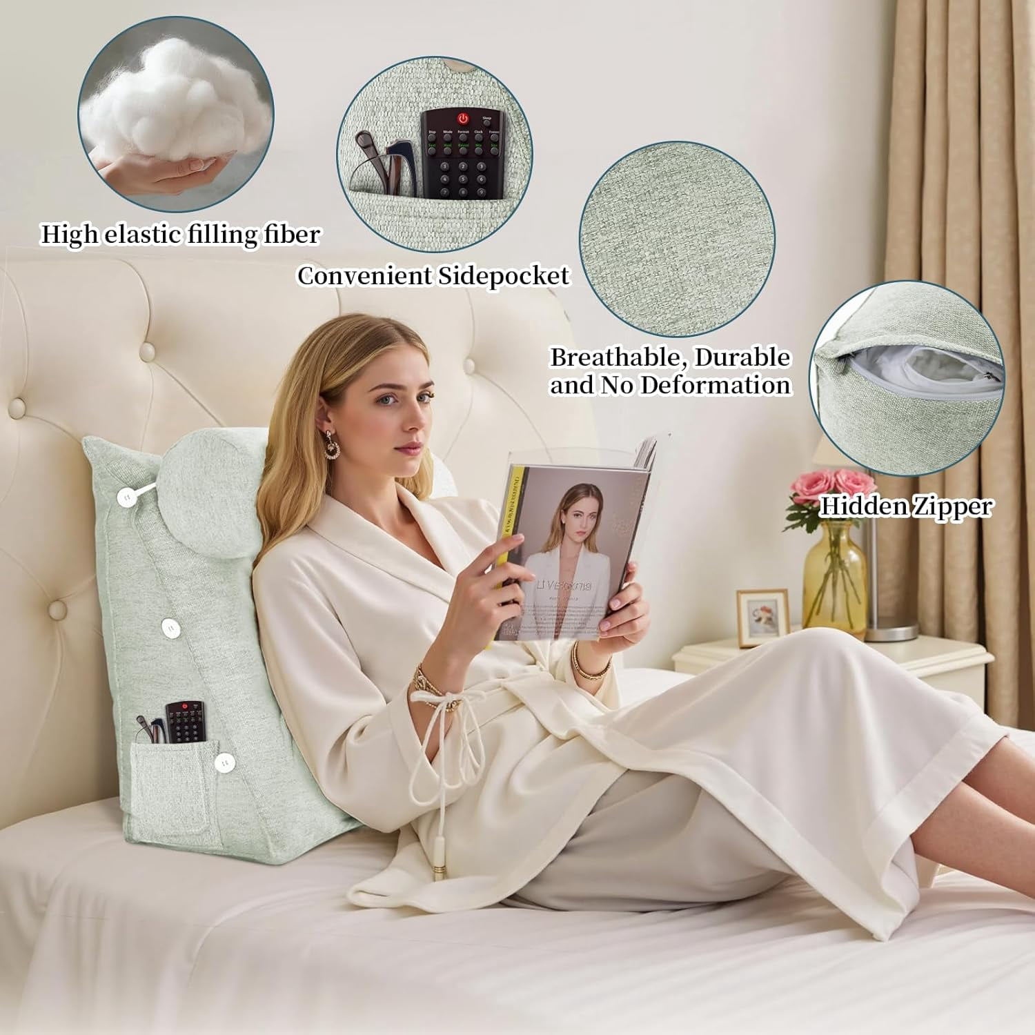Bed Wedge Reading Pillow, Adjustable Reading Throw Cushion Triangular Pillow Wedge Couch Pillow for Lumbar Neck Back Support Pillow with Removable Linen Cover