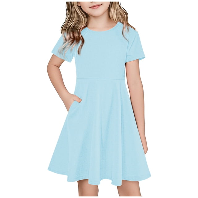 Tranfacy Robes Décontractées pour Filles, Robe à Manches Courtes pour Filles, Robe d'Été à Manches Courtes Décontractée et Ample avec Poches pour 4-14 Ans