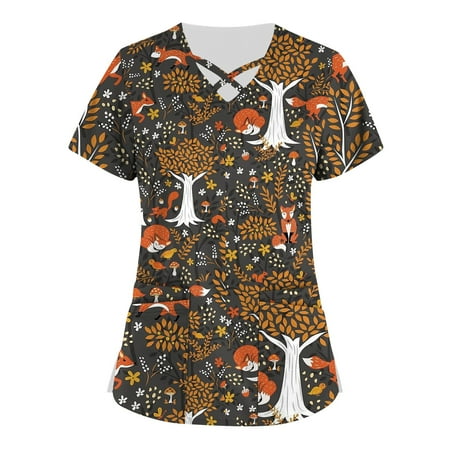 

Summer Savings Clearance! MIARHB Womens Tops Dressy Casual Plus Size Cute Printed Scrub Working Uniform Tops Brown XXL