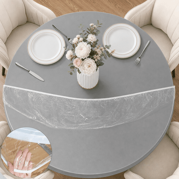 Gogcaro 60" Round Fitted Tablecloth with Elastic Edged, Clear Table Cover for Indoor Outdoor Use,Waterproof & Oilproof (Suit for 45"-56" Round Table)