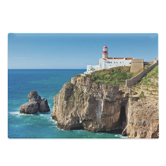 Lighthouse Cutting Board, Daytime Rocky Lighthouse Shore Seaside Rocks Building Cliff Sunny Day Clear Sky, Decorative Tempered Glass Cutting and Serving Board, Large Size, Multicolor, by Ambesonne