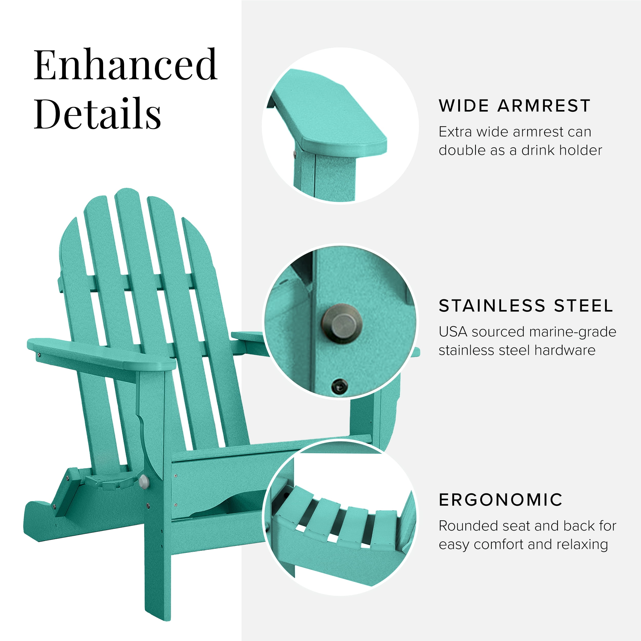 DuroGreen Folding Adirondack Chairs Made With All-Weather Tangent Lumber, Set of 4, Oversized, High End Patio Furniture for Porch, Lawn, Deck, or Fire Pit, No Maintenance, Made, Aruba