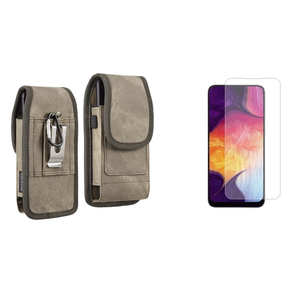 Holster and Screen Protector Bundle for Samsung Galaxy A13 4G: Vertical Rugged Denim Nylon Belt Pouch Case (Brown) and (2-Pack) Tempered Glass Shield