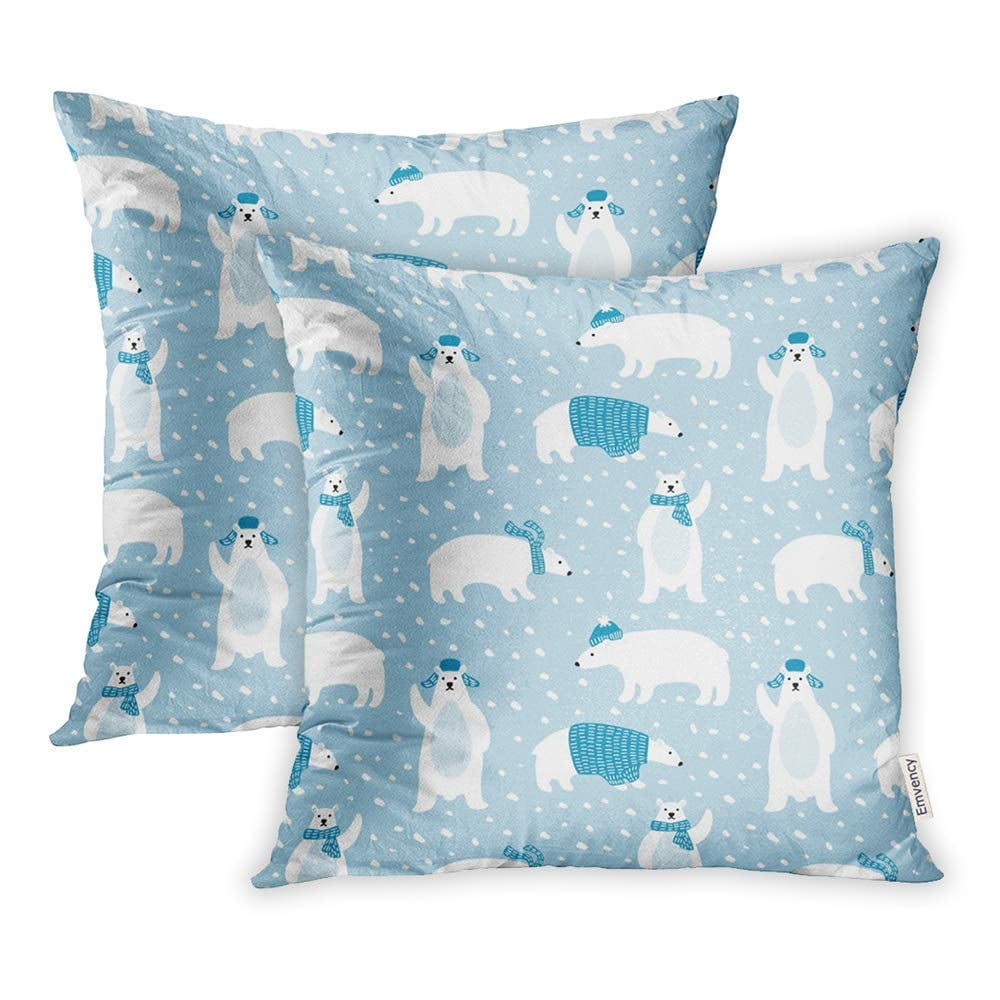 ARHOME Blue Arctic Cute Polar Bears in Simple Cartoon Style Snow Winter Animal Cold Pillow Case