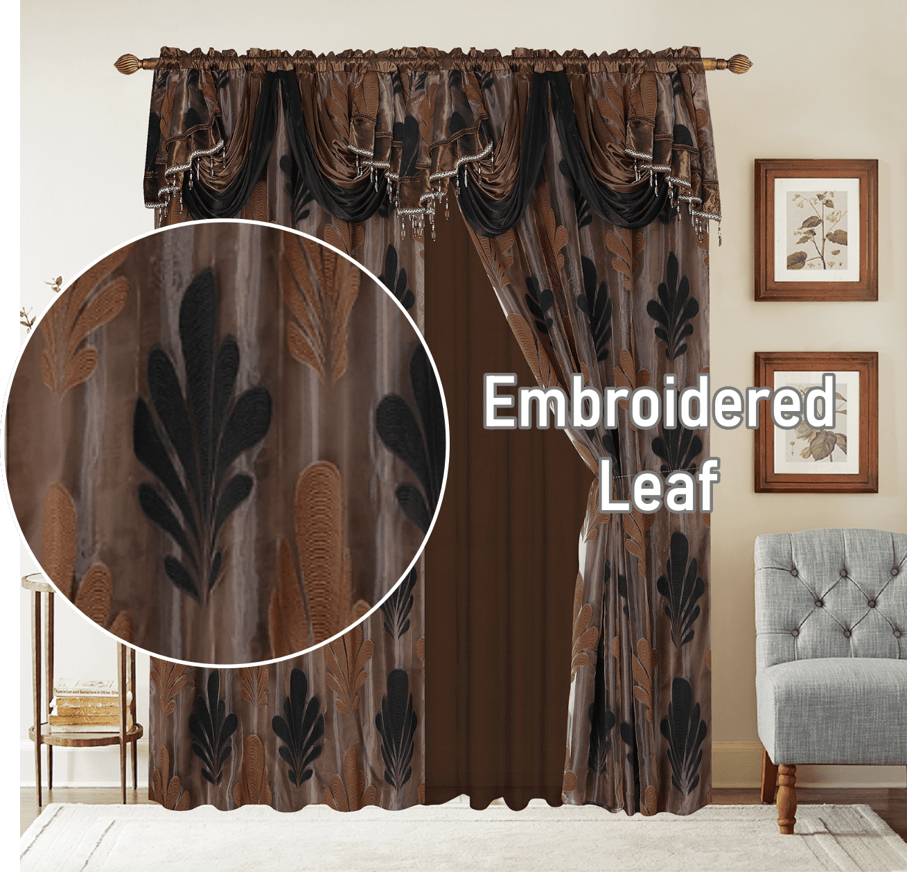 Complete Set Shopia 2 Tone Embroidery Luxury Jacquard Chiffon with Attached Valance with Beads and Tassels Window Curtain Bedroom, Living Room, and Dining Room (108 x 84 inches)