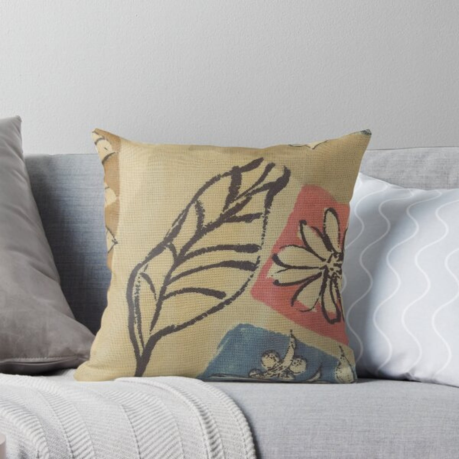 Abstract Botanical Leaf and Floral Blocks Beige Coral Blue Square Pillow Case 100% Polyester Velvet Home Decor