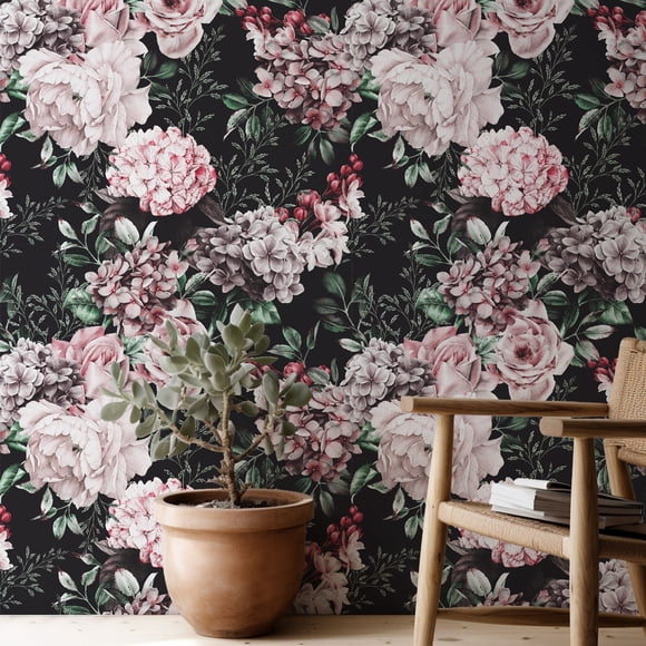 1pc, 17.7in*78.7in Dark Flower Mural, Plant Flower Wallpaper Peel And Stick, Flower Wallpaper, Textured Flower Wall Mural, Removable Wallpaper Bedroom Accessories Room Decoration