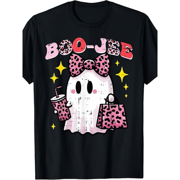 Childrens Wear Pink Leopard Ghost Boo Jee Graphic Unisex Short Sleeve Cotton Tee For Kids Girls Boys Cute Funny Halloween Gift