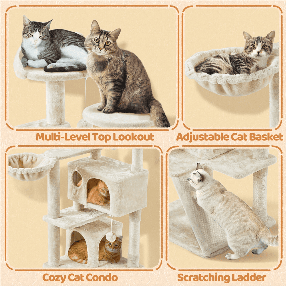 Alden Design 57.5" Double Condo Cat Tree with Scratching Post Tower, Beige