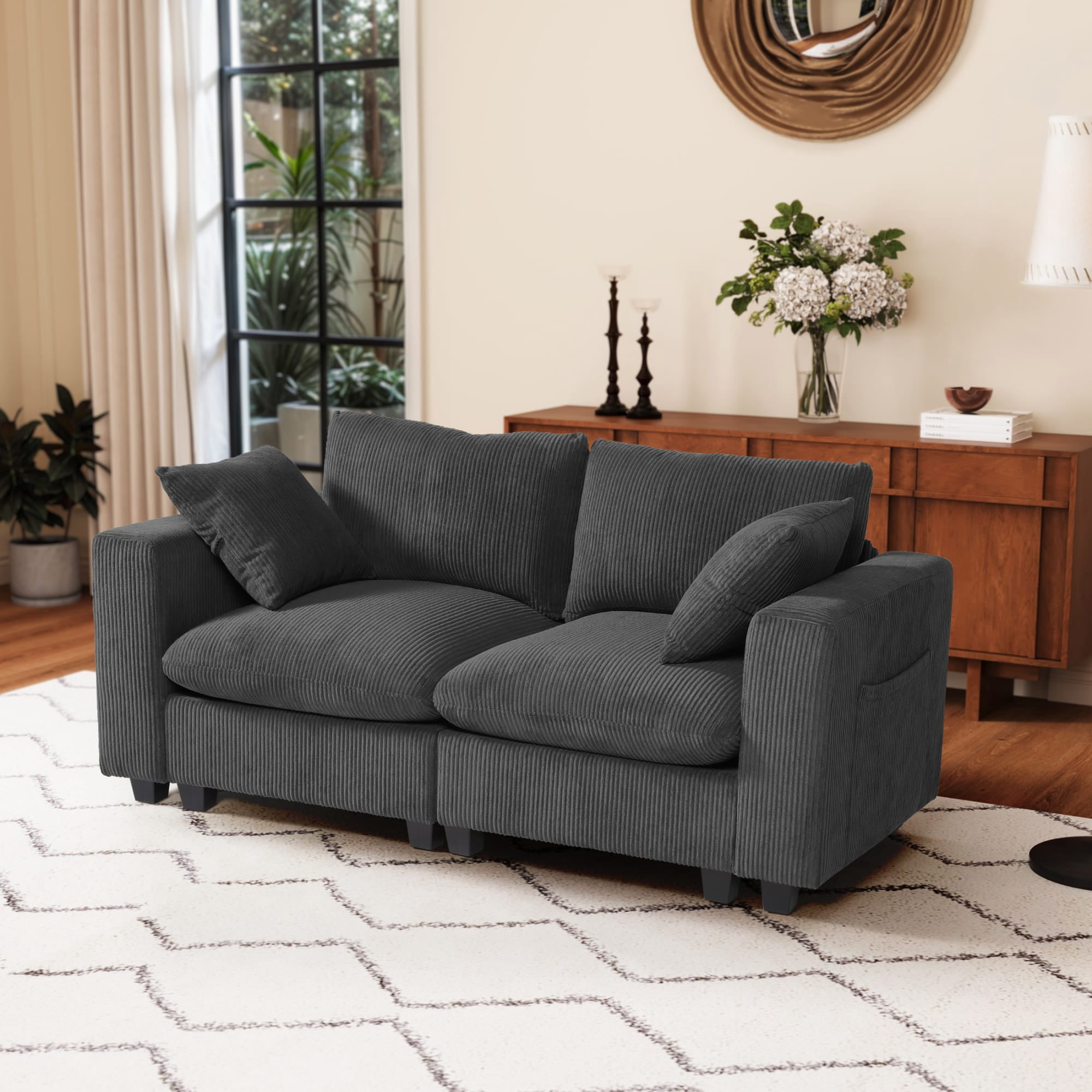 WestinTrends Hearthside 70" Modular Corduroy Loveseat Sofa With USB/Type-C Ports and Side Pockets, Charcoal Gray