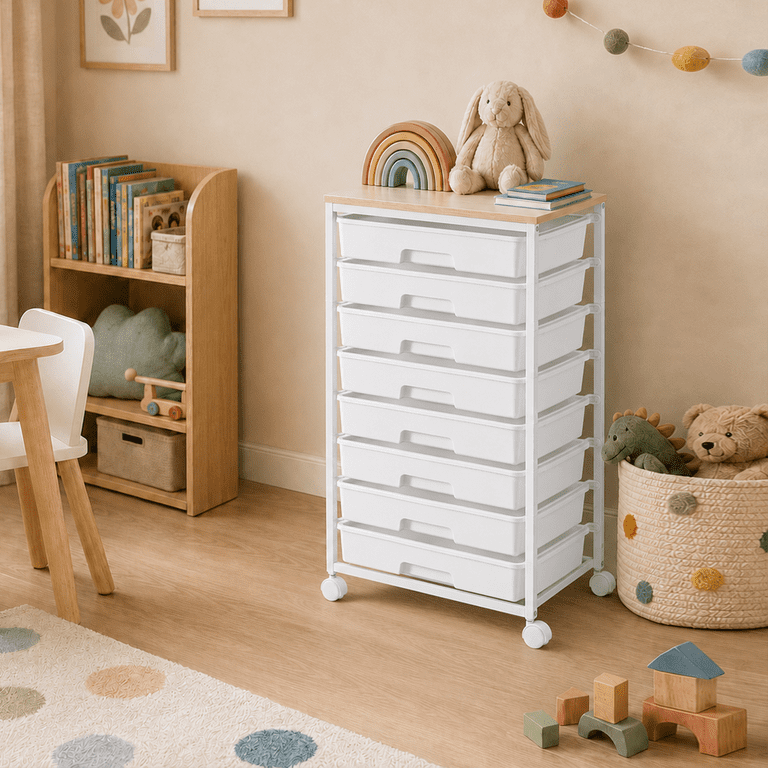 KINGTIDY 8-Drawer Rolling Storage Cart with Wooden Top photo 5