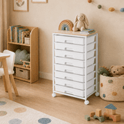 KK KINGRACK Storage Rolling Drawer Cart, Drawer Organizer with 8 Drawers and Wooden Tabletop, Metal & Plastic, White