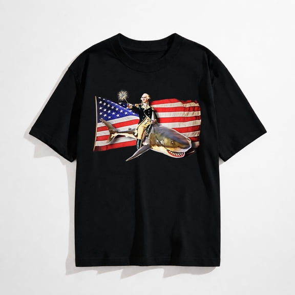 July 4thWashington Riding Shark Funny July 4th American Flag T-Shirt