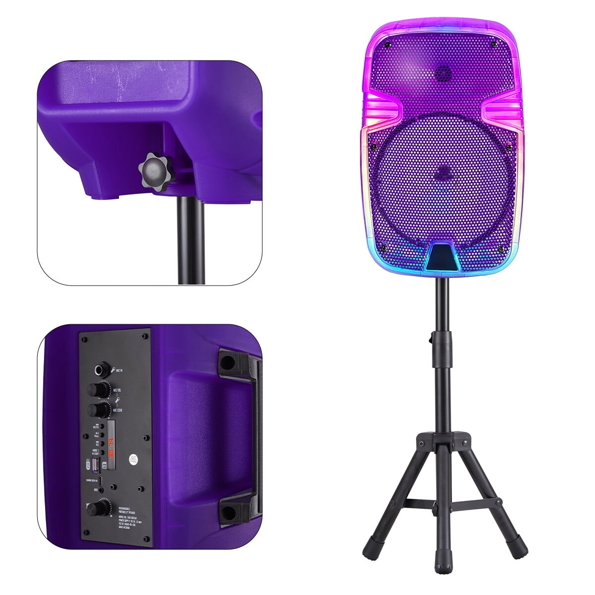 Portable Bluetooth Speaker 8" Woofer w/ Tripod Stand Microphone Remote Control Purple LED Clear Shell