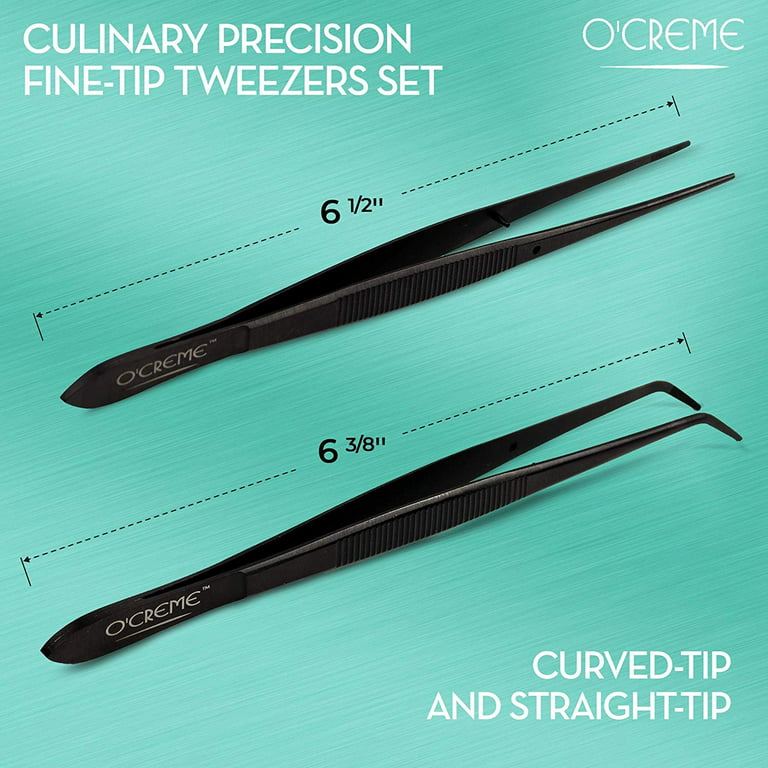 O'Creme Black Stainless Steel Precision Kitchen Culinary Fine-Tip Tweezer Tongs, 1 with Curved Tip and 1 with Straight Tip