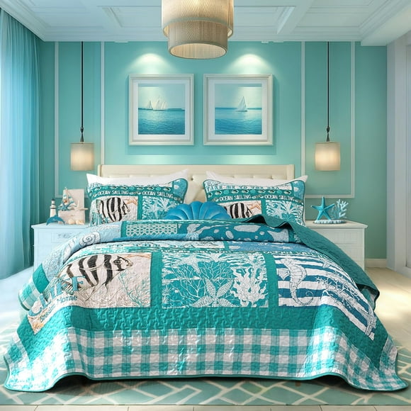 Juego de colchas Djoymock Coastal Queen, tamaño queen, 3 piezas, color verde océano
