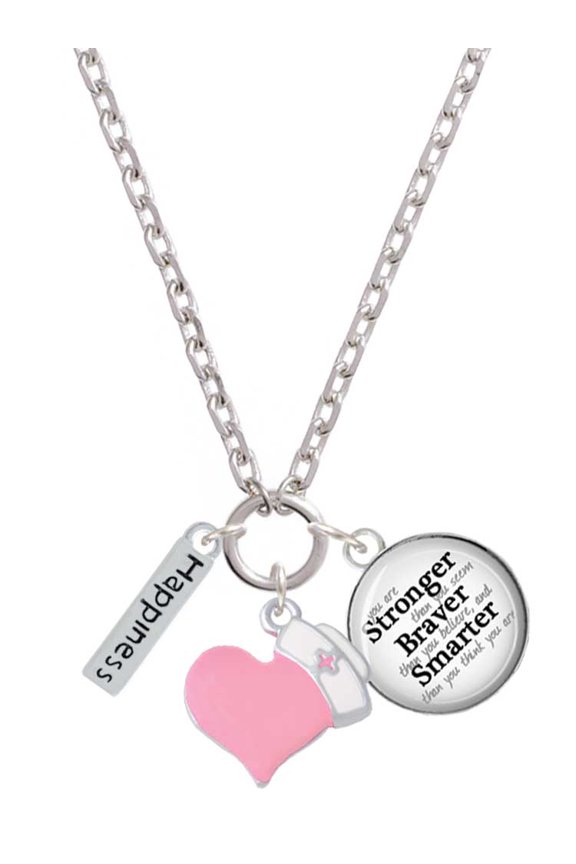 Silvertone Happiness Rectangle - Light Pink Heart Nurse Strong Zoe Necklace
