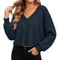 thumbnail image 2 of XRoczxe Women’s V‑Neck Long Sleeve Waffle Knit Crop Top, Casual Solid‑Color Loose Cropped Pullover Shirt, 2 of 9