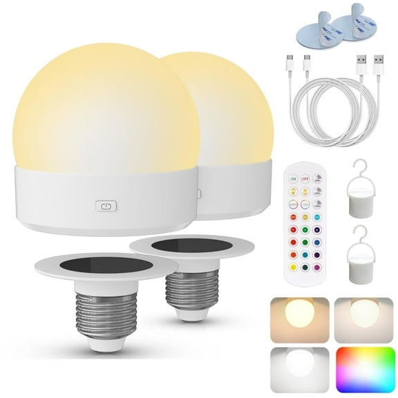 2-Pack Rechargeable LED Bulbs, Remote Dimmable 15-Color Lights - 350LM for Sconces & Cabinets