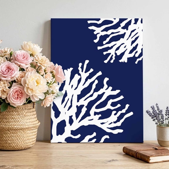 Canvas Wall Art Sea White Coral Blue Canvas Art Print Marine Background Modern Art Pictures Wall Decor for Living Room Bedroom Artwork Decorations Stretched Framed Ready to Hang 12"x16"