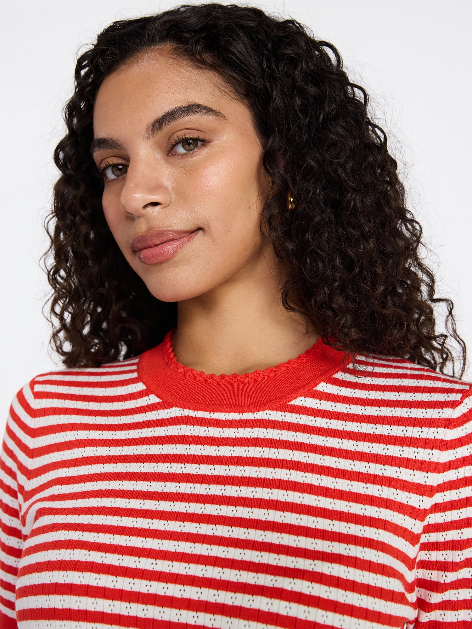 Time and Tru Women's Striped Pointelle Sweater with Short Sleeves, Lightweight, Sizes XS – XXXL
