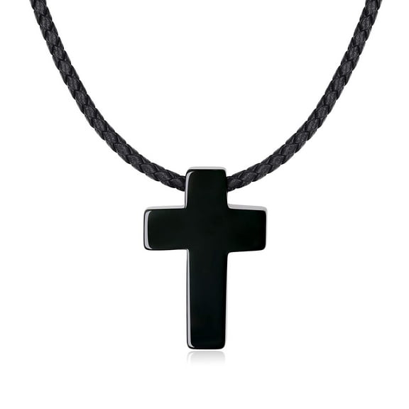 COAI Leather Cord Religious Jewelry Black Obsidian Stone Cross Pendant Necklace