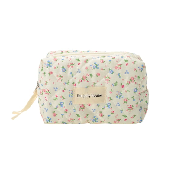 Unique Bargains Quilted Square Flowers Makeup Bag Red Green for Travel and Storage