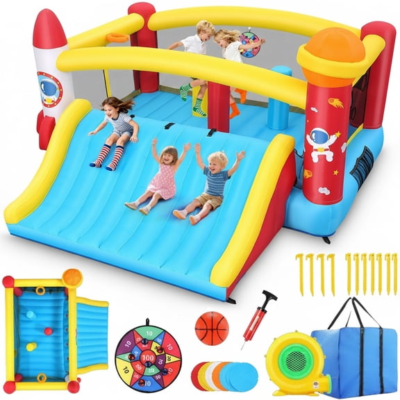 Adnoom Inflatable Bounce House for Kids 3-12, Bouncy Castle with 550W Blower, Jumping House with Super Wide Slide, Obstacle Course, Basketball Hoops, Indoor/Outdoor, Space Rocket Theme, Backyard