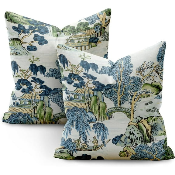 Chinoiserie Pillow Covers 18x18 Set of 2,Pillow Covers Outdoor Decorative Linen Pillow Covers for Couch Bed Sofa Cushion Farmhouse Pillowcases