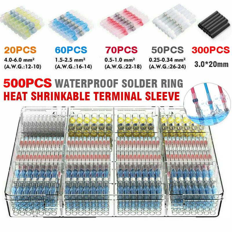 500X 4 Size Waterproof Solder Seal Heat Shrink Wire Butt Terminal Connector Set 