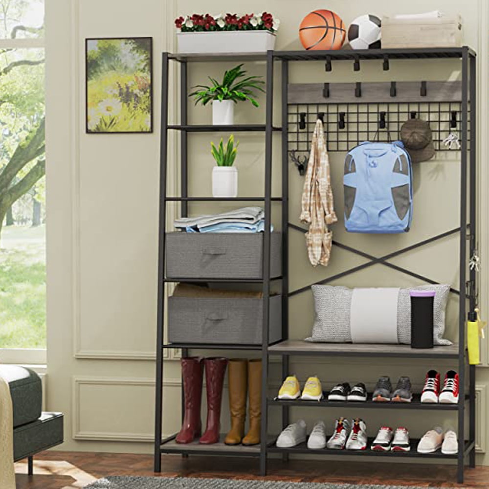 LGHM Hall Tree, Entryway Bench With Storage Shelf, Coat Rack, Shoe Rack