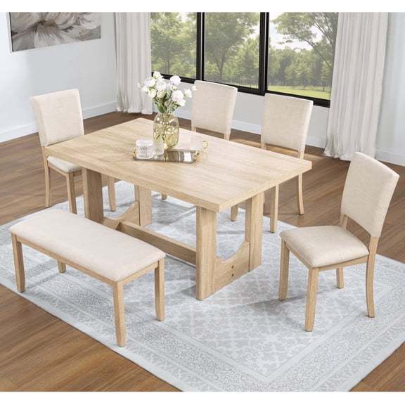 DRNANLIT 57" 6-Piece Dining Table Set with Bench and 4 Upholstered Chairs, U-Shaped Base, Scratch-Resistant Surface, Light Oak