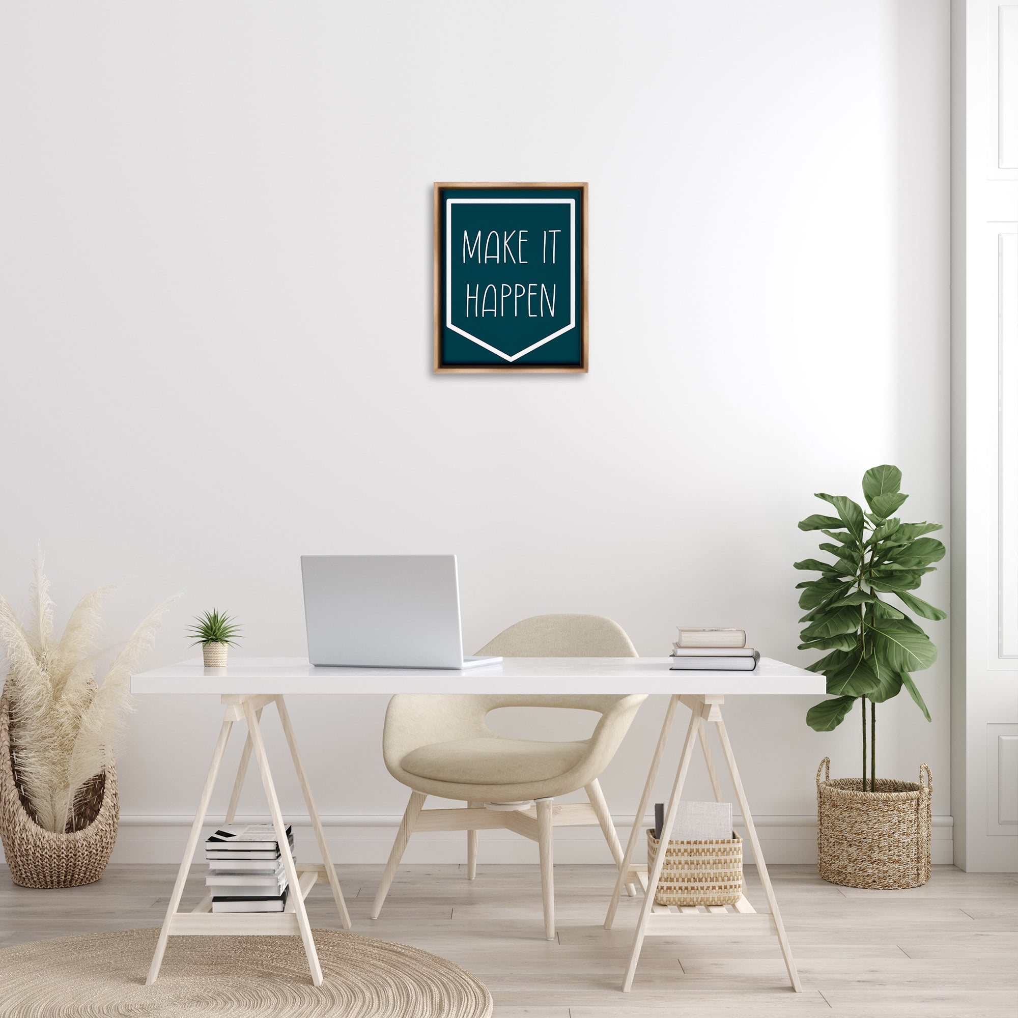 Stupell Industries Minimal Make It Happen Inspirational Painting Brown Floater Framed Canvas Art Print Wall Art, 17 x 21