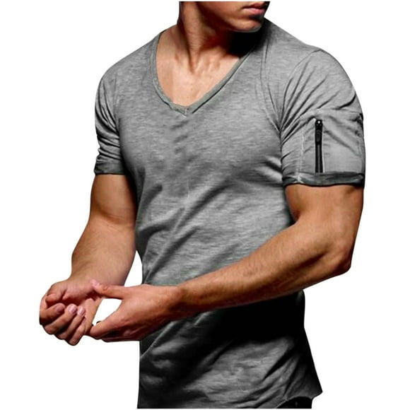 breaise Mens T-Shirts Summer V Neck Short Sleeve Shirts 2025 Loose Muscle Tshirt for Men Athletic Running Gym Workout Tee Tops Gray L Special offer